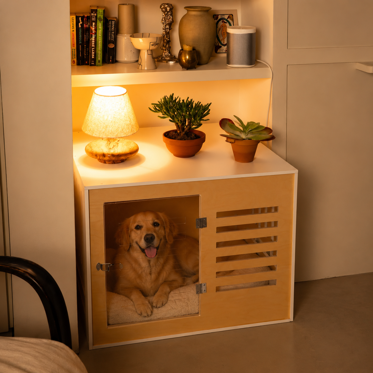 golden retriever in a cosy built in kennel
