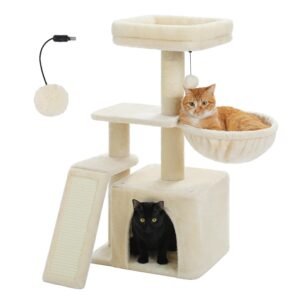 32" Small Cat Tree Tower with Condo, Hammock, Sisal Scratching Ramp &amp; Top Bed for Indoor Kittens