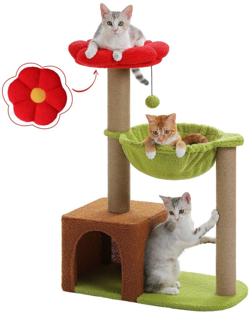 36.6" Flower Cat Tree with Sisal Scratching Posts, Hammock & Removable Flower Bed for Indoor Kittens