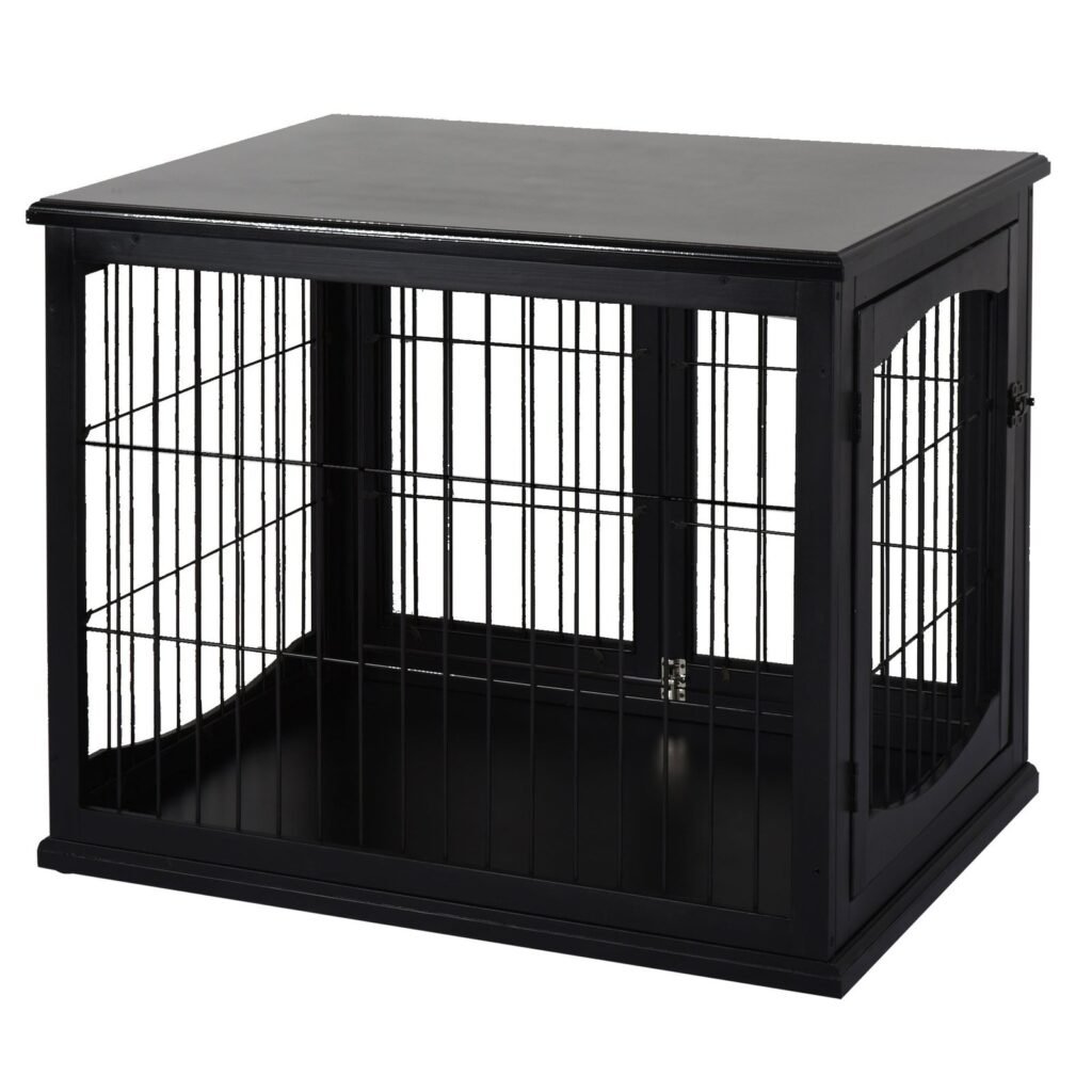 26'' Wooden Decorative Dog Cage Pet Crate Kennel with Double Door Entrance & a Simple Modern Design Black