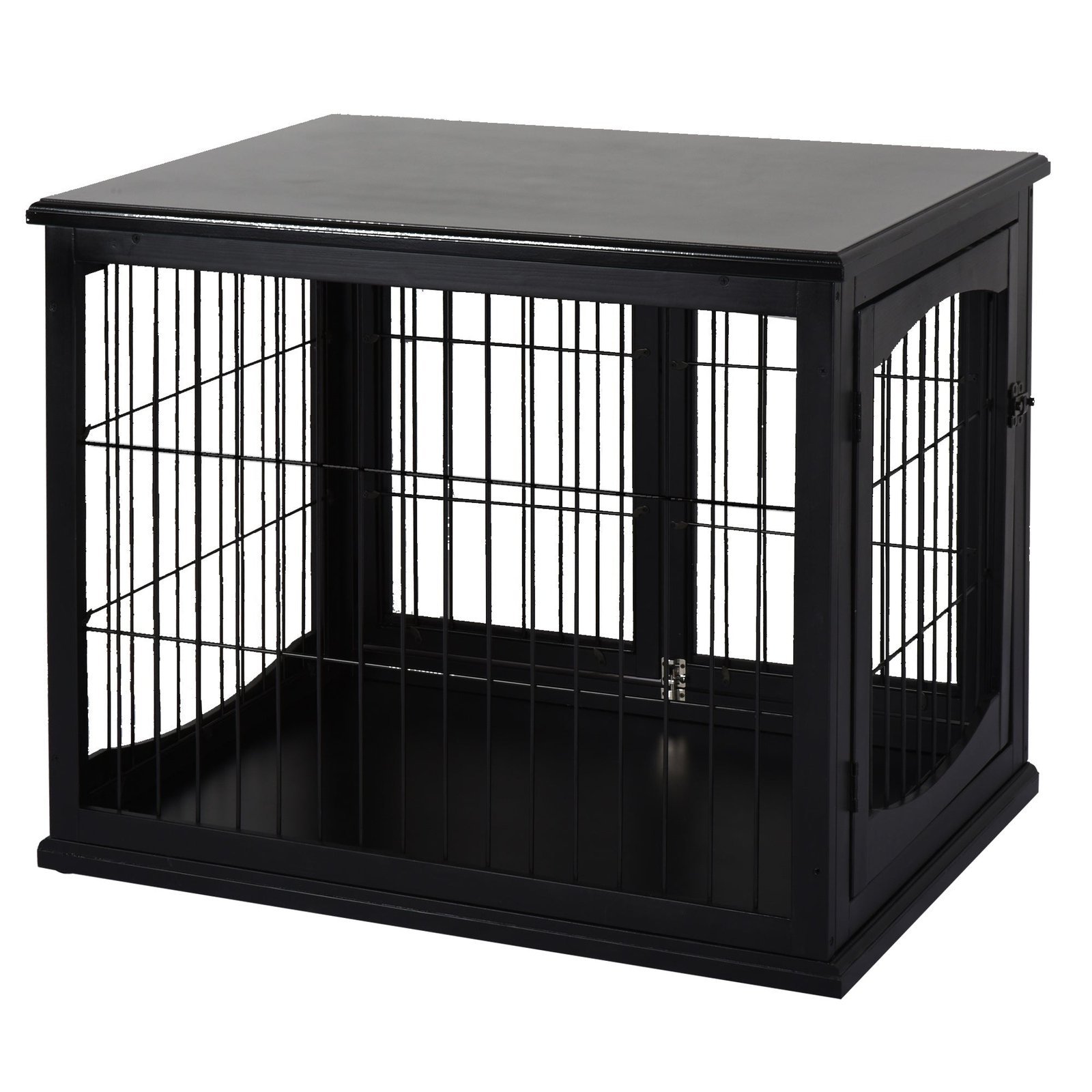26'' Wooden Decorative Dog Cage Pet Crate Kennel with Double Door Entrance & a Simple Modern Design Black