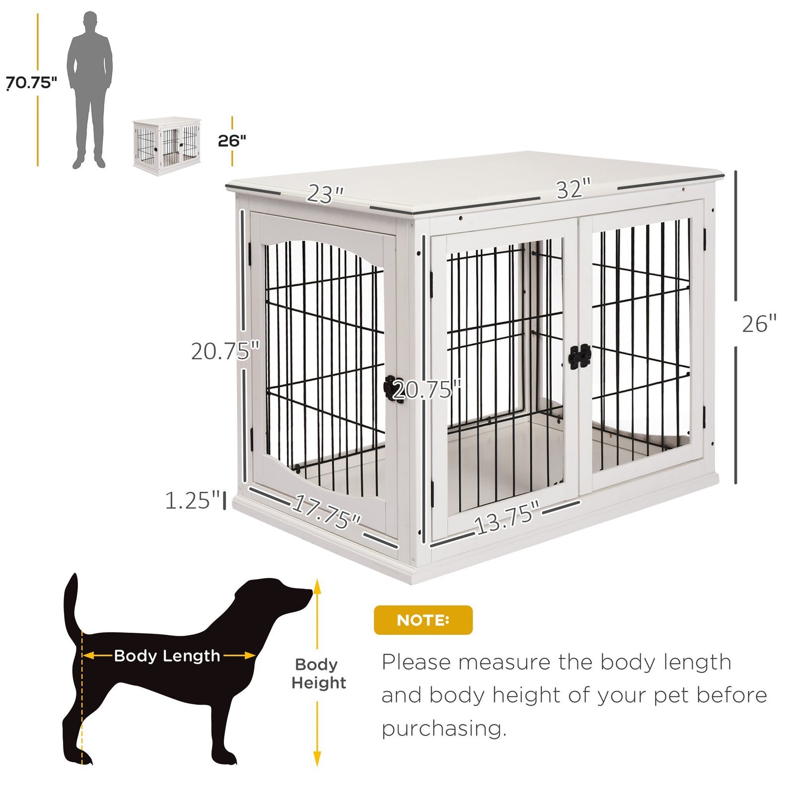 26" Wooden Dog Crate, Furniture Style Pet Cage Kennel, End Table, with Lockable Double Door Entrance, and Top Shelf, White - Image 3