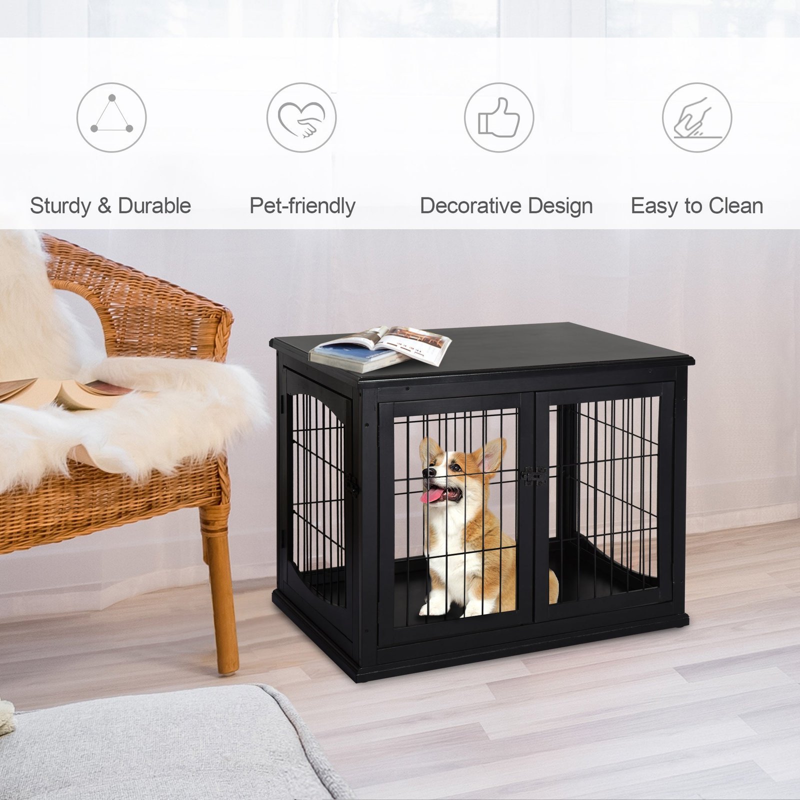 26'' Wooden Decorative Dog Cage Pet Crate Kennel with Double Door Entrance & a Simple Modern Design Black - Image 4