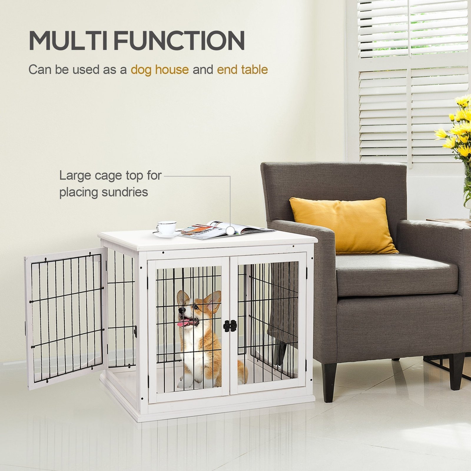 26" Wooden Dog Crate, Furniture Style Pet Cage Kennel, End Table, with Lockable Double Door Entrance, and Top Shelf, White - Image 5