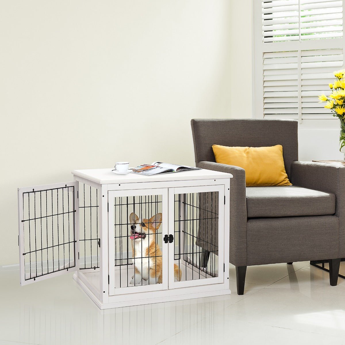 26" Wooden Dog Crate, Furniture Style Pet Cage Kennel, End Table, with Lockable Double Door Entrance, and Top Shelf, White - Image 2