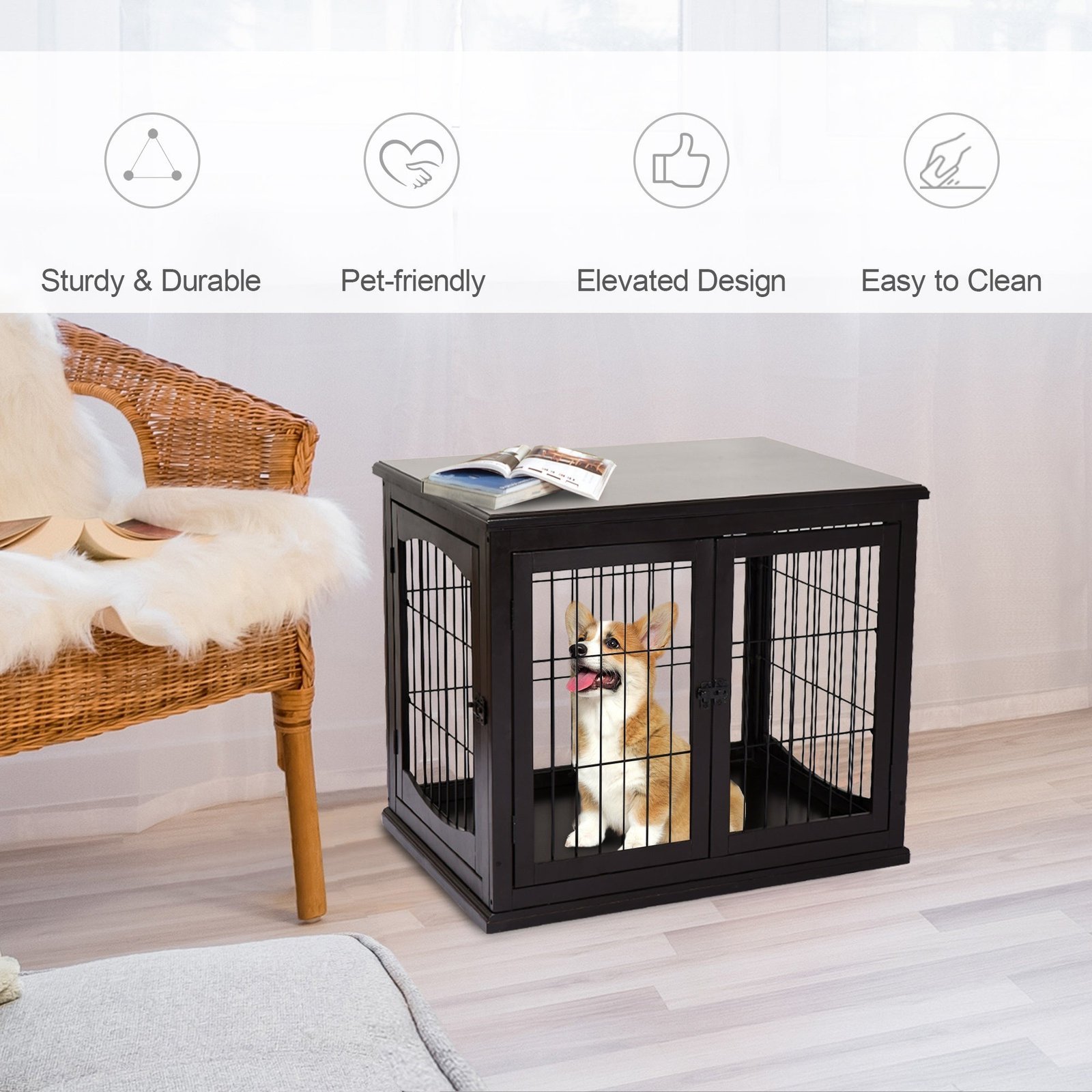 26'' Decorative Dog Cage Wooden Pet Crate Kennel with Double Door Entrance & a Simple Modern Design - Image 4