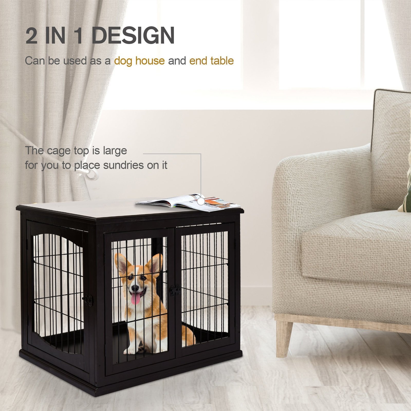 26'' Decorative Dog Cage Wooden Pet Crate Kennel with Double Door Entrance & a Simple Modern Design - Image 5