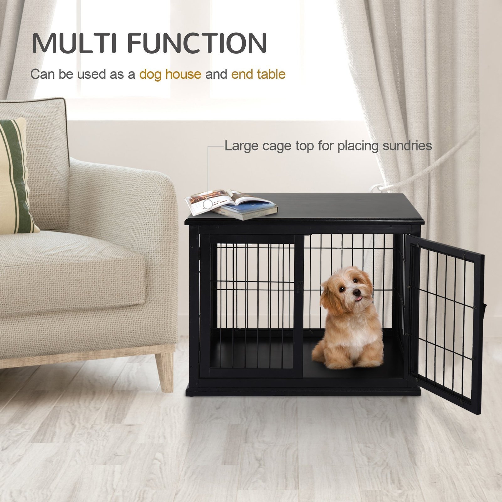 26'' Wooden Decorative Dog Cage Pet Crate Kennel with Double Door Entrance & a Simple Modern Design Black - Image 5