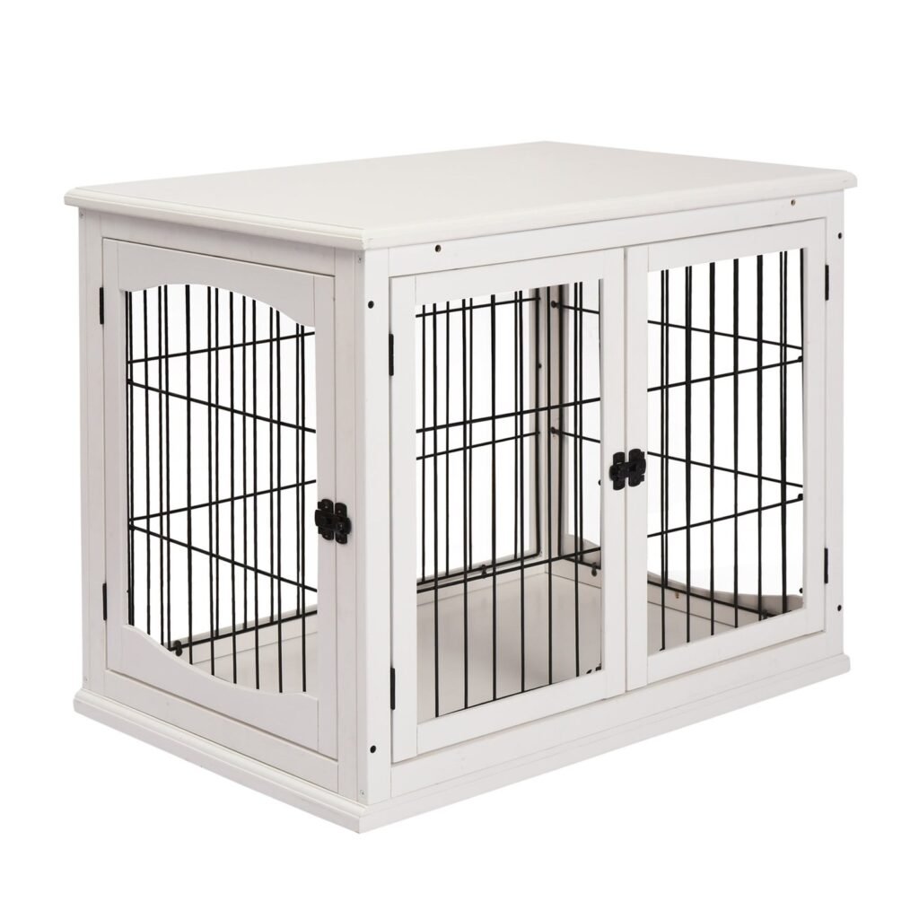 26" Wooden Dog Crate, Furniture Style Pet Cage Kennel, End Table, with Lockable Double Door Entrance, and Top Shelf, White